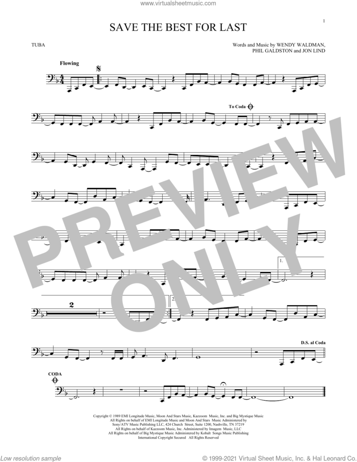 Save The Best For Last sheet music for Tuba Solo (tuba) by Vanessa Williams, Jon Lind, Phil Galdston and Wendy Waldman, intermediate skill level