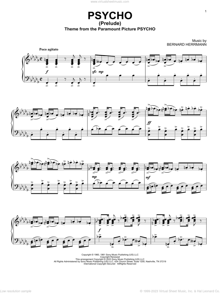 Psycho (Prelude), (intermediate) sheet music for piano solo by Bernard Herrmann, intermediate skill level