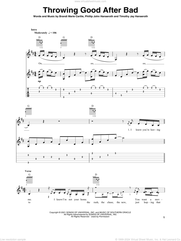 Throwing Good After Bad sheet music for guitar solo by Brandi Carlile, Brandi Marie Carlile, Phillip John Hanseroth and Timothy Jay Hanseroth, intermediate skill level