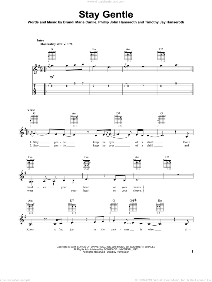 Stay Gentle sheet music for guitar solo by Brandi Carlile, Brandi Marie Carlile, Phillip John Hanseroth and Timothy Jay Hanseroth, intermediate skill level