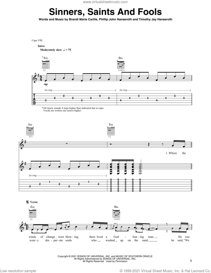 Sinners, Saints And Fools sheet music for guitar solo by Brandi Carlile, Brandi Marie Carlile, Phillip John Hanseroth and Timothy Jay Hanseroth, intermediate skill level
