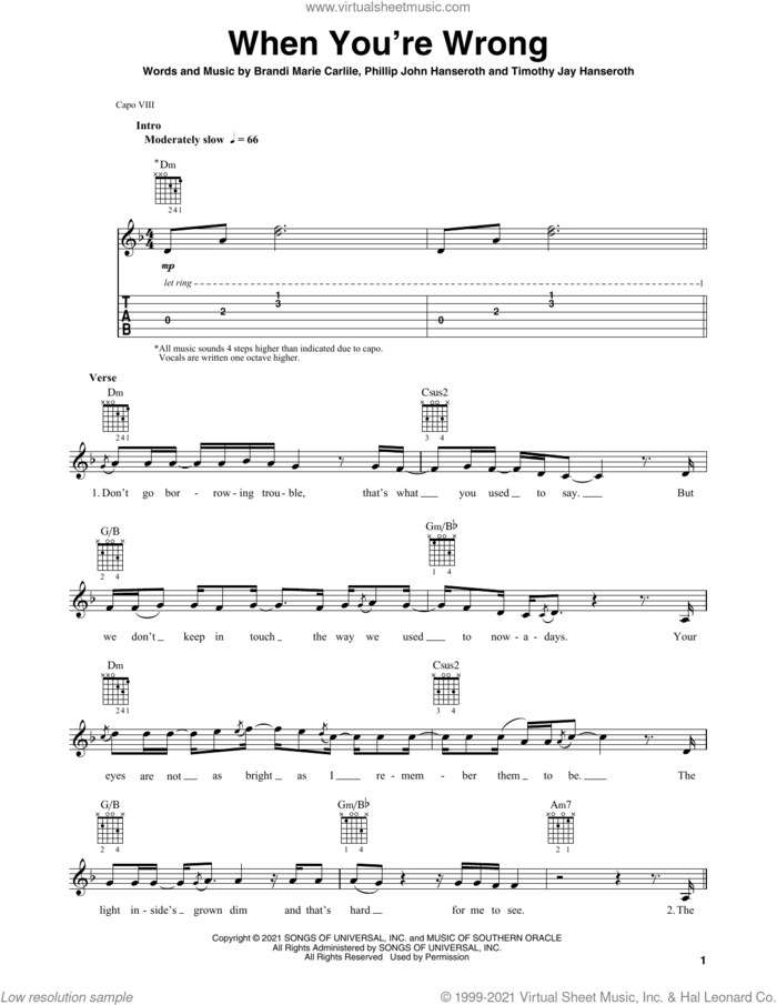 When You're Wrong sheet music for guitar solo by Brandi Carlile, Brandi Marie Carlile, Phillip John Hanseroth and Timothy Jay Hanseroth, intermediate skill level