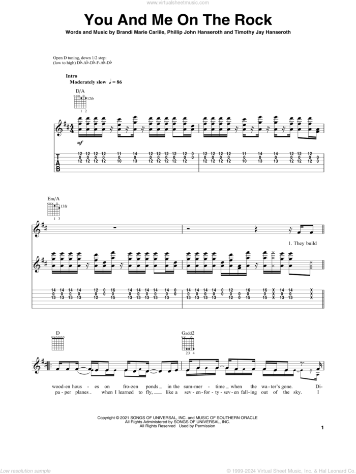 You And Me On The Rock (feat. Lucius) sheet music for guitar solo by Brandi Carlile, Brandi Marie Carlile, Phillip John Hanseroth and Timothy Jay Hanseroth, intermediate skill level