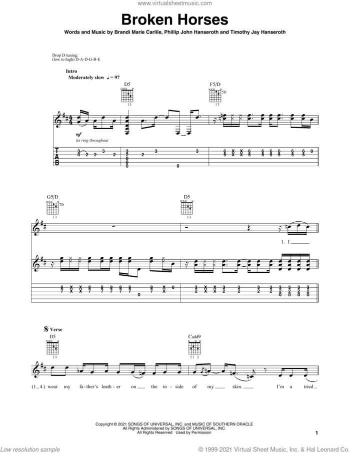 Broken Horses sheet music for guitar solo by Brandi Carlile, Brandi Marie Carlile, Phillip John Hanseroth and Timothy Jay Hanseroth, intermediate skill level