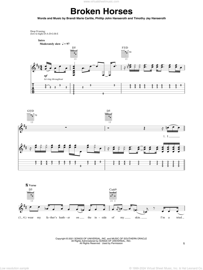 Broken Horses sheet music for guitar solo by Brandi Carlile, Brandi Marie Carlile, Phillip John Hanseroth and Timothy Jay Hanseroth, intermediate skill level