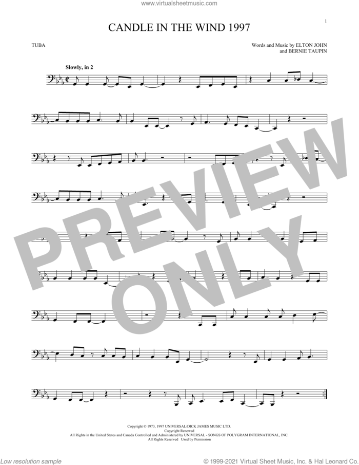 Candle In The Wind 1997 sheet music for Tuba Solo (tuba) by Elton John and Bernie Taupin, intermediate skill level