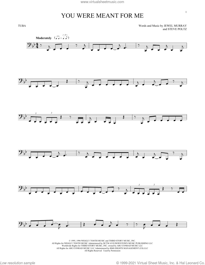 You Were Meant For Me sheet music for Tuba Solo (tuba) by Jewel, Jewel Murray and Steve Poltz, intermediate skill level
