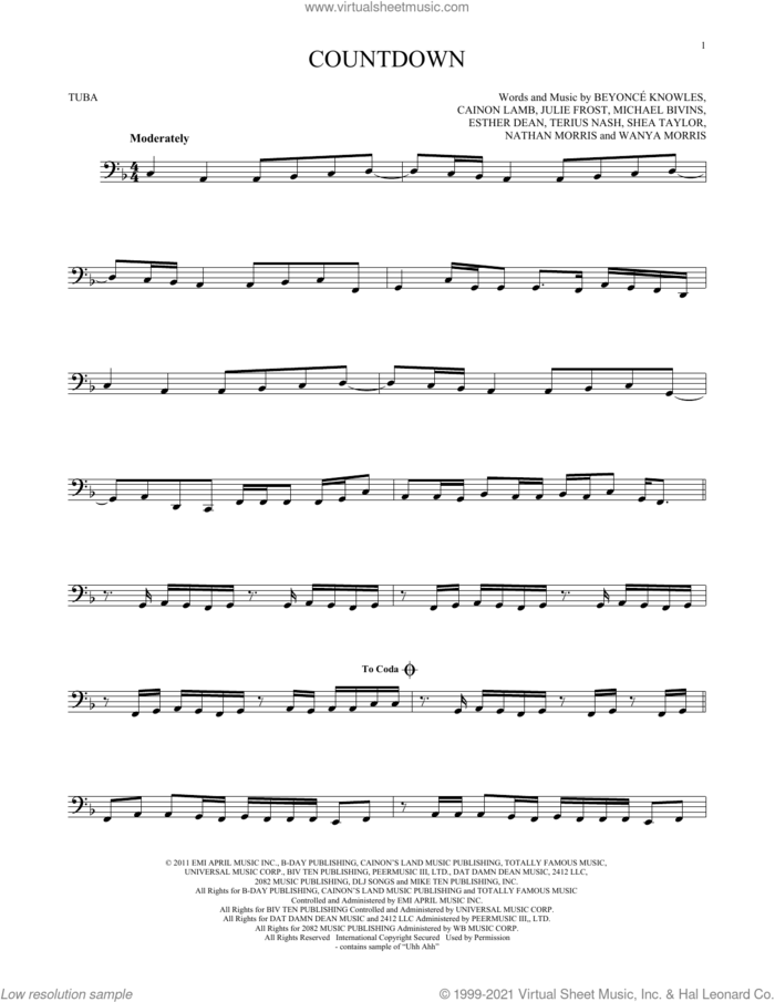 Countdown sheet music for Tuba Solo (tuba) by Beyonce, Cainon Lamb, Ester Dean, Julie Frost, Michael Bivins, Nathan Morris, Shea Taylor, Terius Nash and Wanya Morris, intermediate skill level