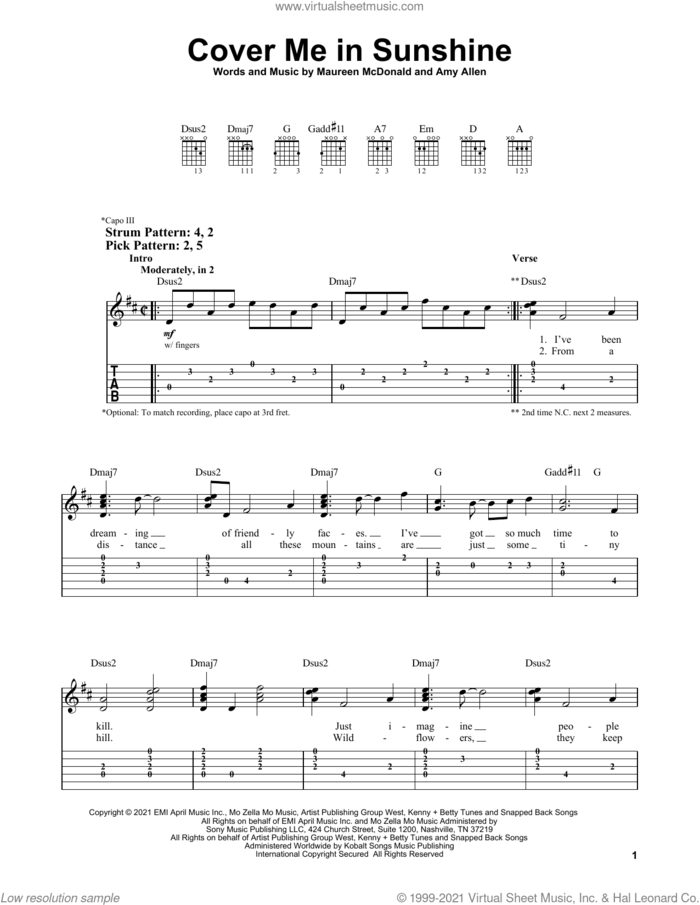 Cover Me In Sunshine sheet music for guitar solo (easy tablature) by P!nk & Willow Sage Hart, Amy Allen and Maureen Mcdonald, easy guitar (easy tablature)