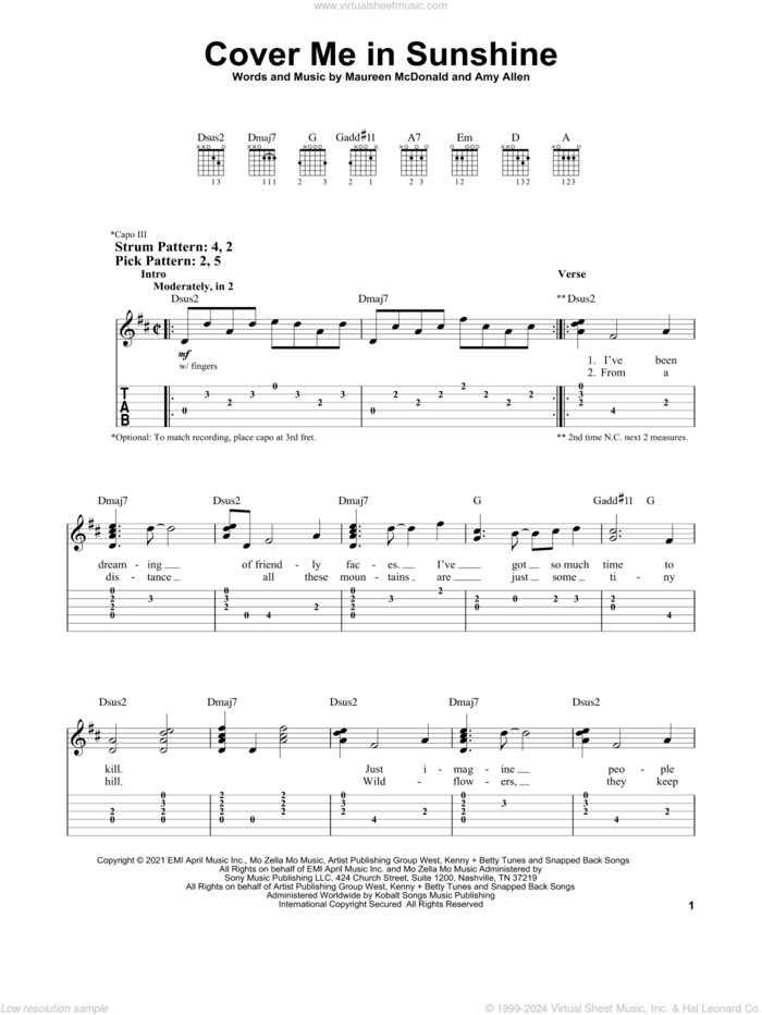 Cover Me In Sunshine sheet music for guitar solo (easy tablature) by P!nk & Willow Sage Hart, Amy Allen and Maureen Mcdonald, easy guitar (easy tablature)