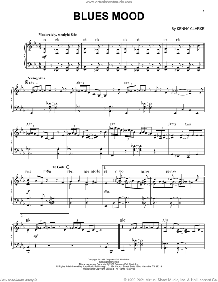 Blues Mood [Jazz version] (arr. Brent Edstrom) sheet music for piano solo by Kenny Clarke and Brent Edstrom, intermediate skill level