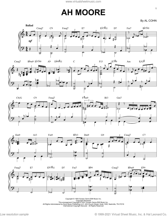 Ah-Moore [Jazz version] (arr. Brent Edstrom) sheet music for piano solo by Al Cohn and Brent Edstrom, intermediate skill level
