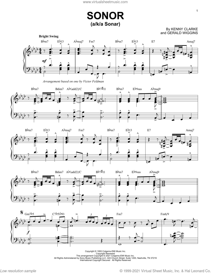 Sonor [Jazz version] (arr. Brent Edstrom) sheet music for piano solo by Kenny Clarke, Brent Edstrom and Gerald Wiggins, intermediate skill level