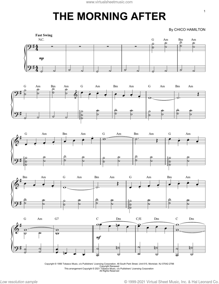 The Morning After [Jazz version] (arr. Brent Edstrom) sheet music for piano solo by Chico Hamilton and Brent Edstrom, intermediate skill level