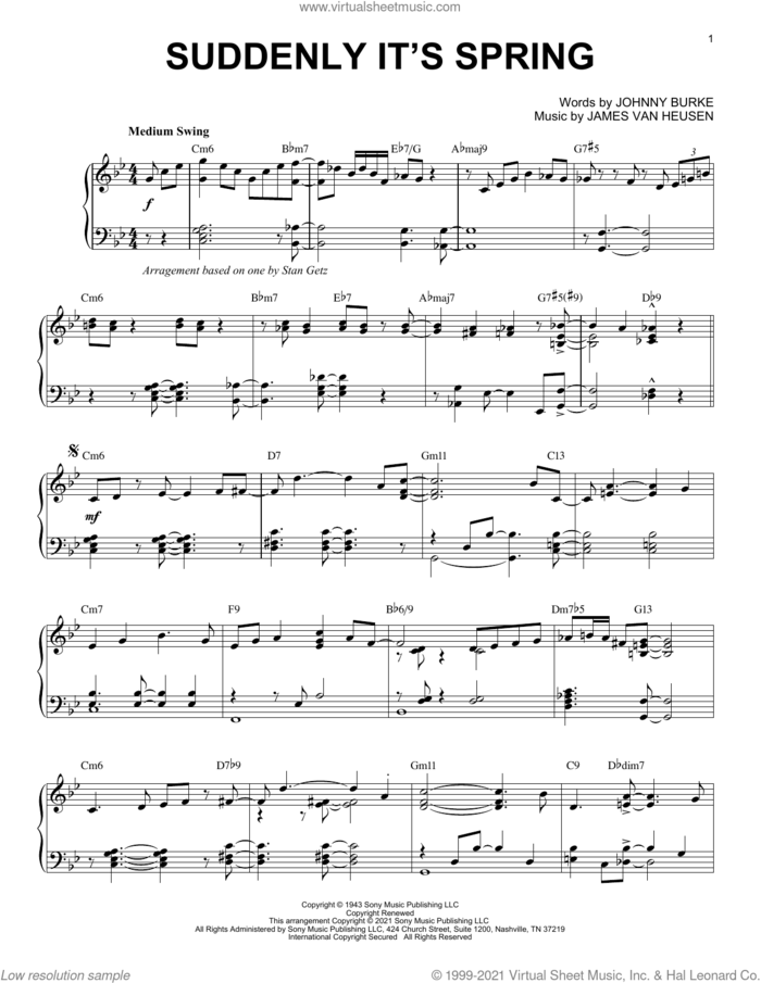 Suddenly It's Spring [Jazz version] (arr. Brent Edstrom) sheet music for piano solo by Jimmy van Heusen, Brent Edstrom and John Burke, intermediate skill level