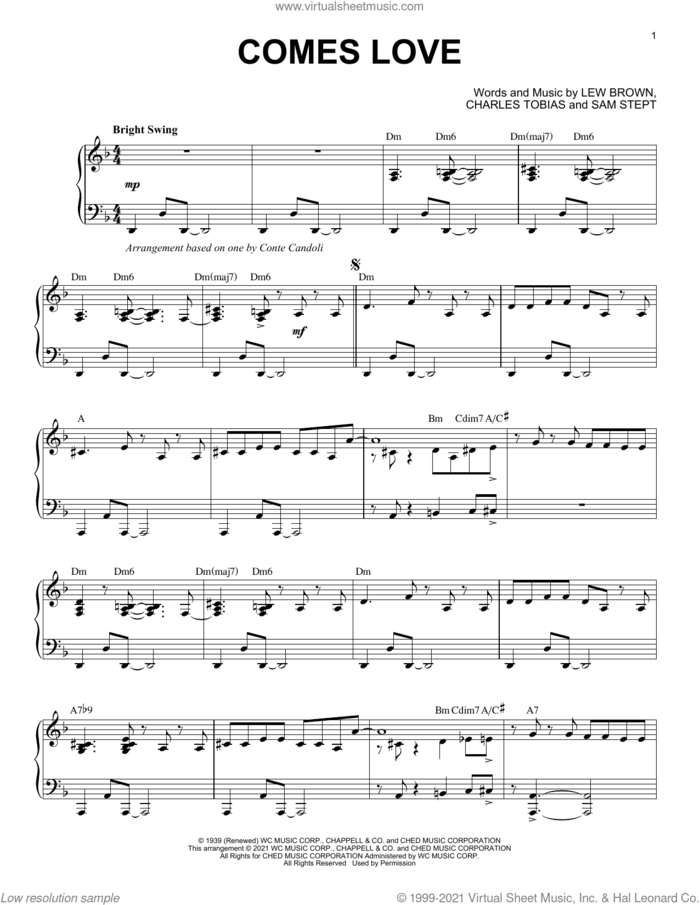 Comes Love [Jazz version] (arr. Brent Edstrom) sheet music for piano solo by Lew Brown, Brent Edstrom, Charles Tobias and Sam Stept, intermediate skill level