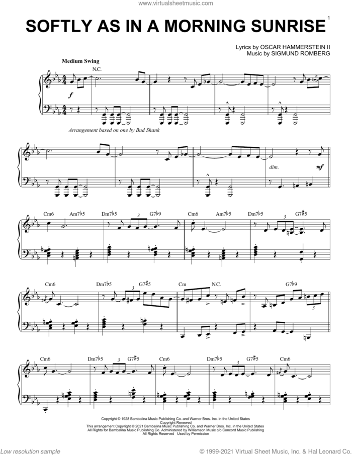 Softly As In A Morning Sunrise [Jazz version] (arr. Brent Edstrom) sheet music for piano solo by Oscar II Hammerstein, Brent Edstrom and Sigmund Romberg, intermediate skill level
