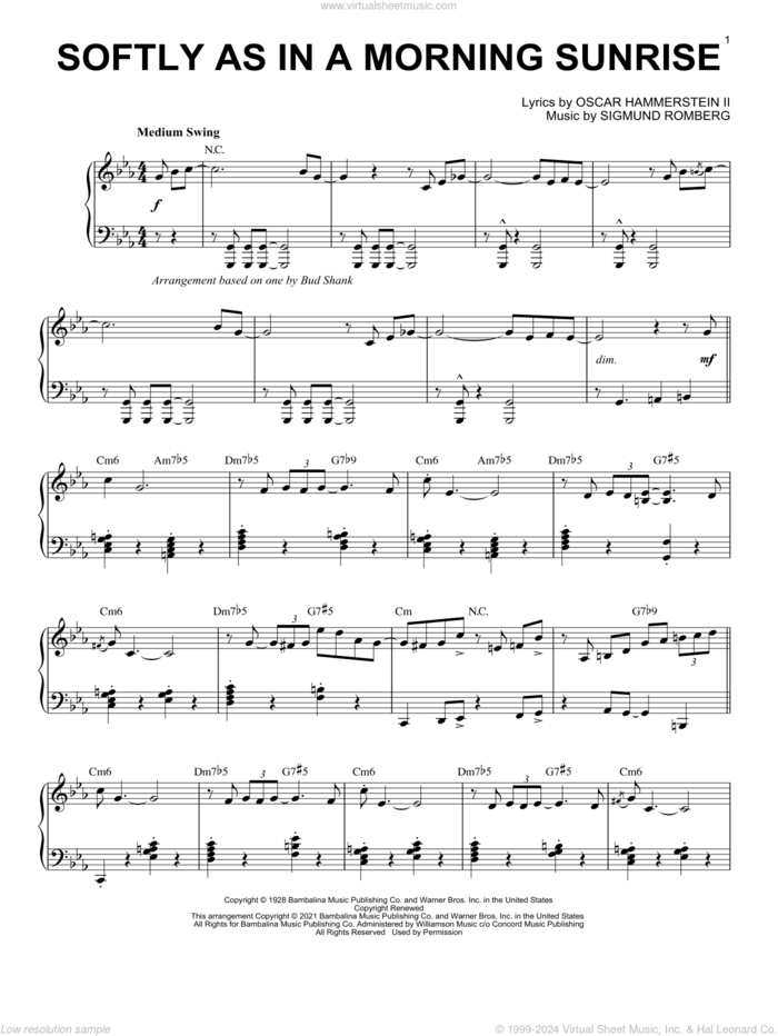 Softly As In A Morning Sunrise [Jazz version] (arr. Brent Edstrom) sheet music for piano solo by Oscar II Hammerstein, Brent Edstrom and Sigmund Romberg, intermediate skill level