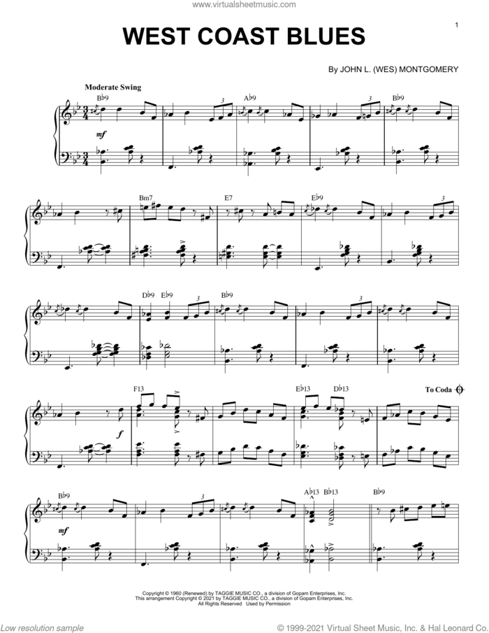 West Coast Blues [Jazz version] (arr. Brent Edstrom) sheet music for piano solo by Wes Montgomery, Brent Edstrom and Sascha Burland, intermediate skill level