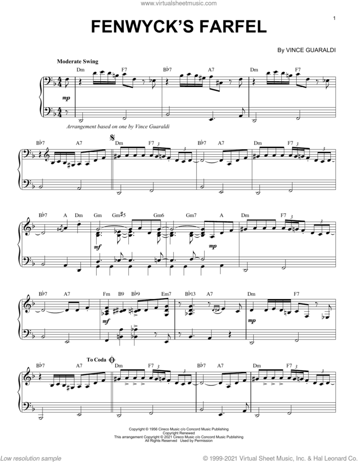 Fenwyck's Farfel [Jazz version] (arr. Brent Edstrom) sheet music for piano solo by Vince Guaraldi and Brent Edstrom, intermediate skill level
