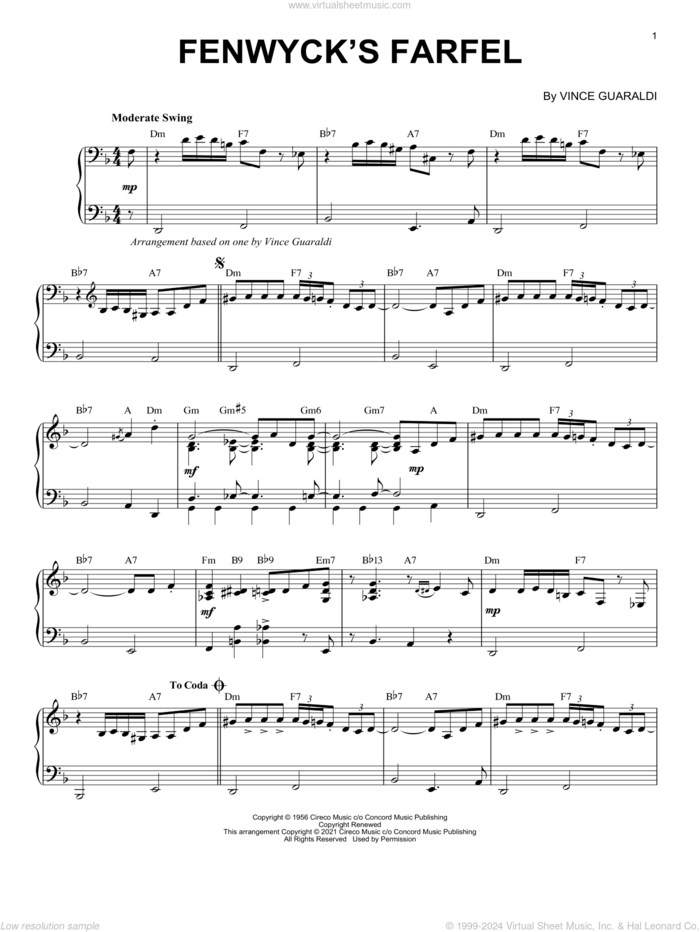 Fenwyck's Farfel [Jazz version] (arr. Brent Edstrom) sheet music for piano solo by Vince Guaraldi and Brent Edstrom, intermediate skill level