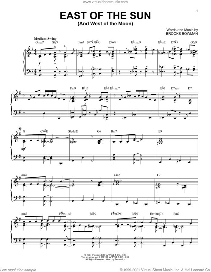 East Of The Sun (And West Of The Moon) [Jazz version] (arr. Brent Edstrom) sheet music for piano solo by Brooks Bowman and Brent Edstrom, intermediate skill level