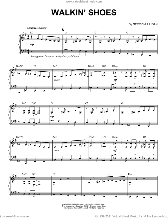 Walkin' Shoes [Jazz version] (arr. Brent Edstrom) sheet music for piano solo by Gerry Mulligan and Brent Edstrom, intermediate skill level