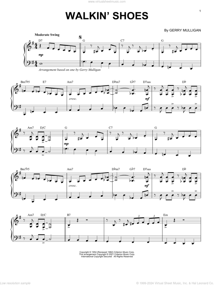 Walkin' Shoes [Jazz version] (arr. Brent Edstrom) sheet music for piano solo by Gerry Mulligan and Brent Edstrom, intermediate skill level