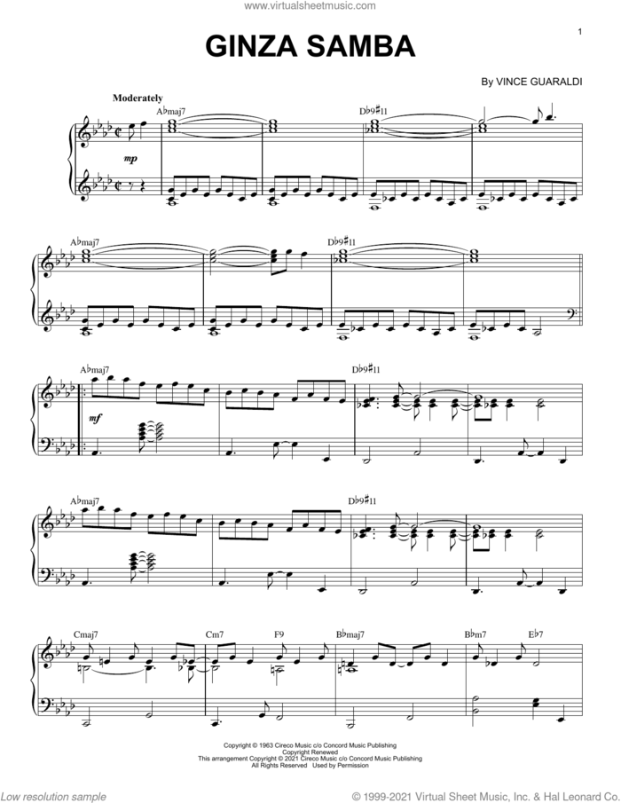 Ginza Samba [Jazz version] (arr. Brent Edstrom) sheet music for piano solo by Vince Guaraldi and Brent Edstrom, intermediate skill level