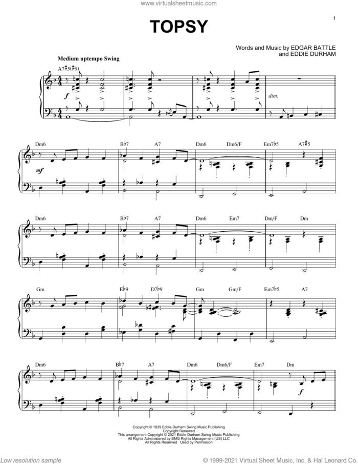 Topsy [Jazz version] (arr. Brent Edstrom) sheet music for piano solo by Cozy Cole, Brent Edstrom, Eddie Durham and Edgar Battle, intermediate skill level