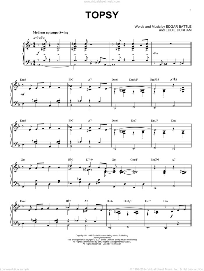 Topsy [Jazz version] (arr. Brent Edstrom) sheet music for piano solo by Cozy Cole, Brent Edstrom, Eddie Durham and Edgar Battle, intermediate skill level