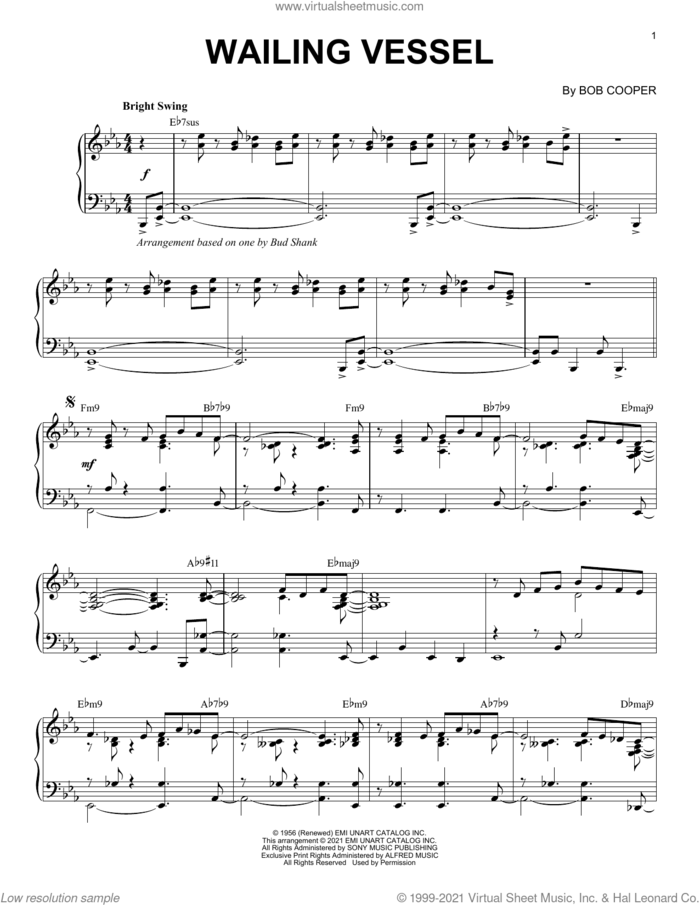 Wailing Vessel [Jazz version] (arr. Brent Edstrom) sheet music for piano solo by Bob Cooper and Brent Edstrom, intermediate skill level