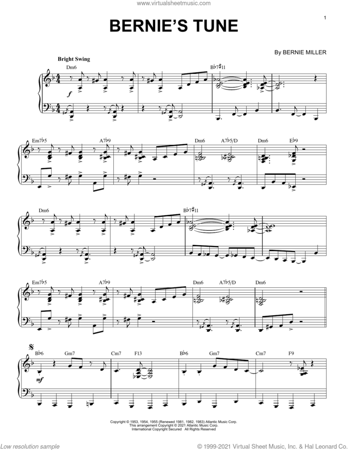 Bernie's Tune [Jazz version] (arr. Brent Edstrom) sheet music for piano solo by Mike Stoller, Brent Edstrom, Bernie Miller and Jerry Lieber, intermediate skill level