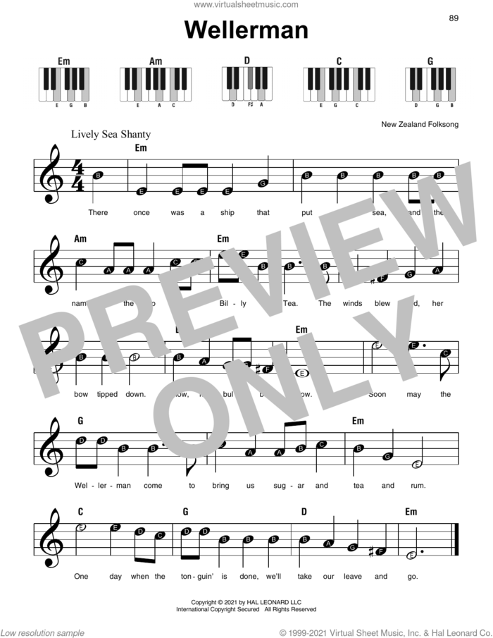 Wellerman, (beginner) sheet music for piano solo by New Zealand Folksong, beginner skill level