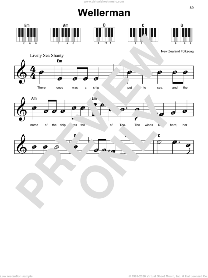 Wellerman, (beginner) sheet music for piano solo by New Zealand Folksong, beginner skill level