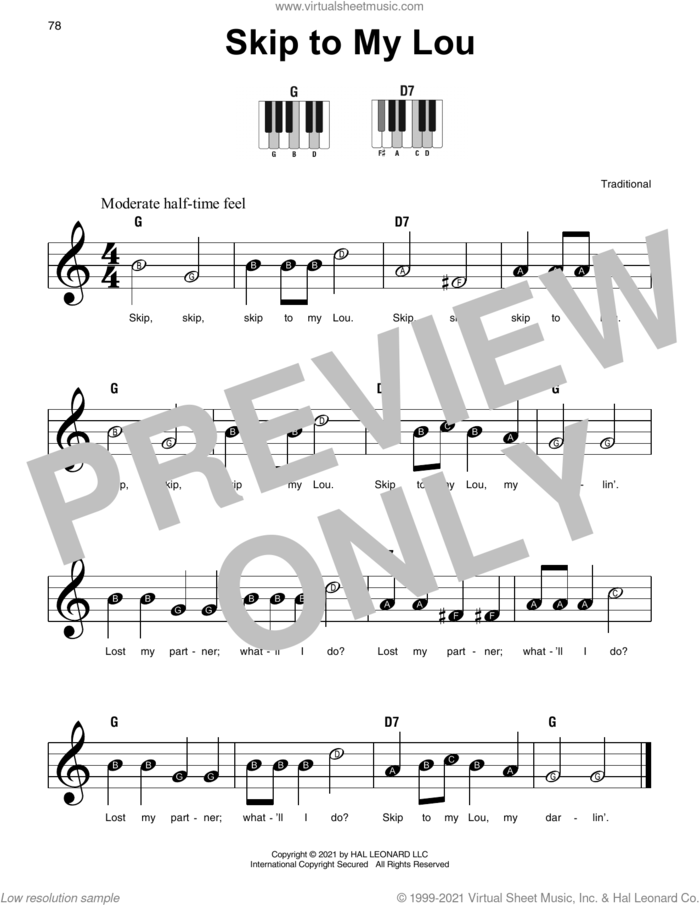 Skip To My Lou sheet music for piano solo, beginner skill level