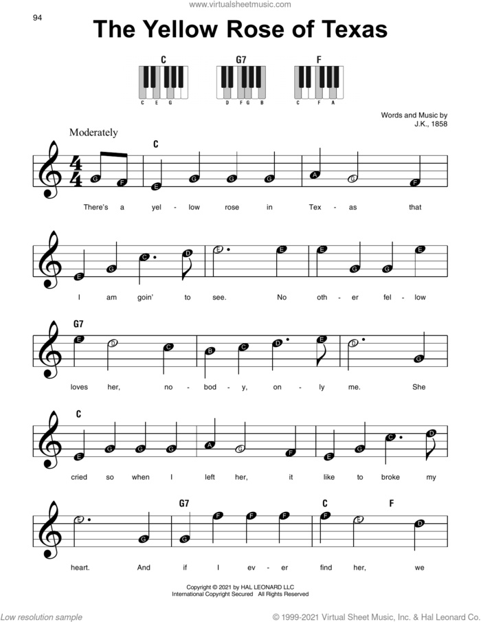 The Yellow Rose Of Texas sheet music for piano solo by J.K., 1858, beginner skill level