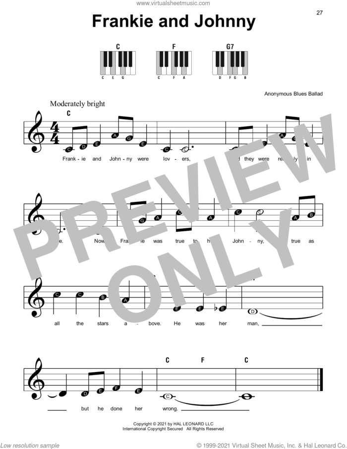 Frankie And Johnny sheet music for piano solo by Anonymous, beginner skill level
