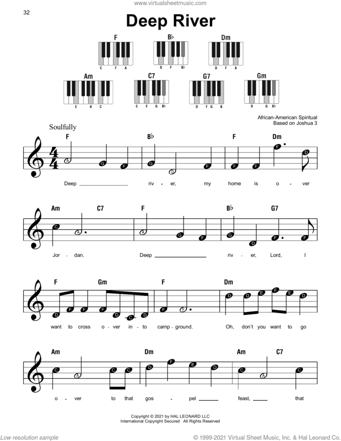 Deep River sheet music for piano solo, beginner skill level