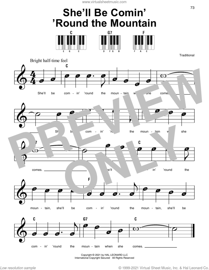 She'll Be Comin' 'Round The Mountain sheet music for piano solo, beginner skill level
