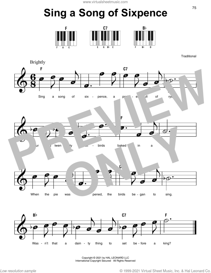 Sing A Song Of Sixpence, (beginner) sheet music for piano solo, classical score, beginner skill level