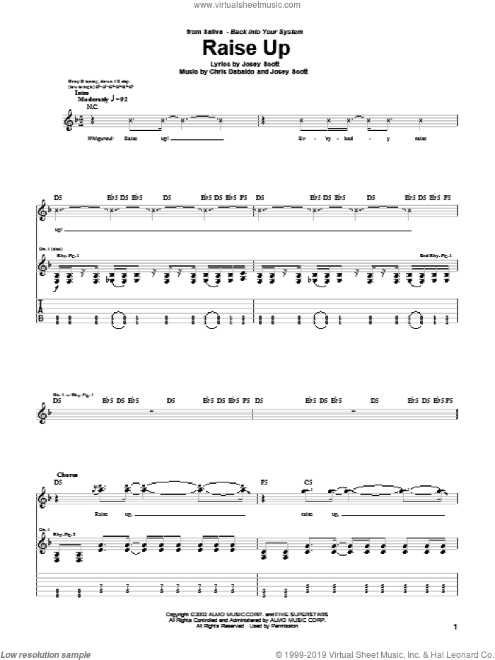 Raise Up sheet music for guitar (tablature) by Saliva, Chris Dabaldo and Josey Scott, intermediate skill level