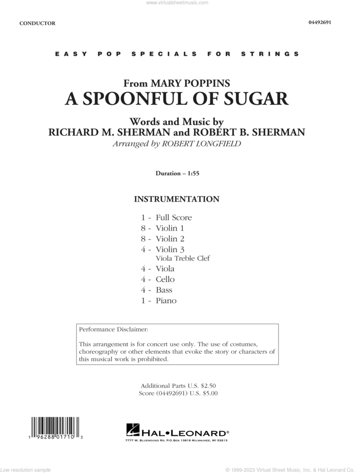 A Spoonful of Sugar (arr. Robert Longfield) sheet music for orchestra (full score) by Richard M. Sherman, Robert Longfield, Robert B. Sherman and Sherman Brothers, intermediate skill level
