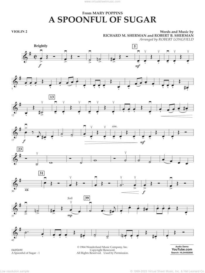 A Spoonful of Sugar (arr. Robert Longfield) sheet music for orchestra (violin 2) by Richard M. Sherman, Robert Longfield, Robert B. Sherman and Sherman Brothers, intermediate skill level