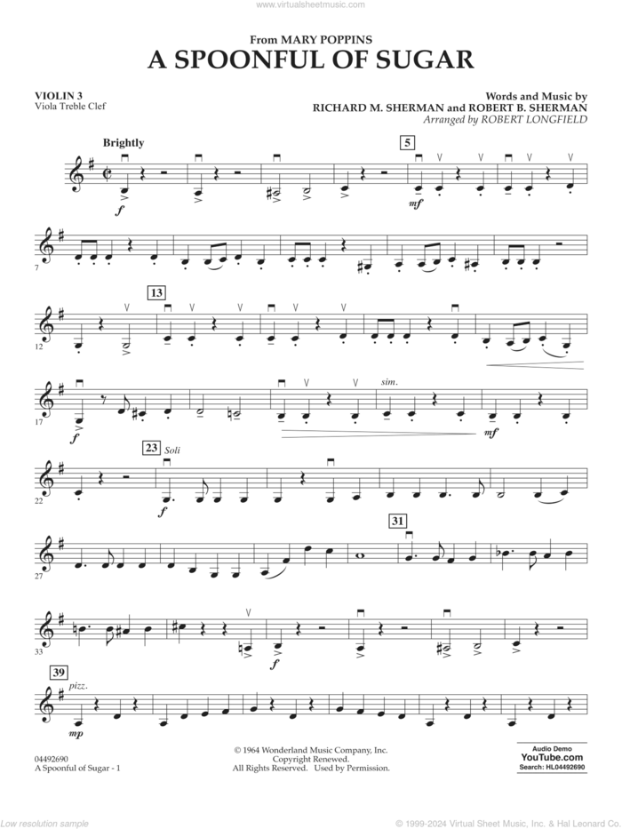 A Spoonful of Sugar (arr. Robert Longfield) sheet music for orchestra (violin 3, viola treble clef) by Richard M. Sherman, Robert Longfield, Robert B. Sherman and Sherman Brothers, intermediate skill level