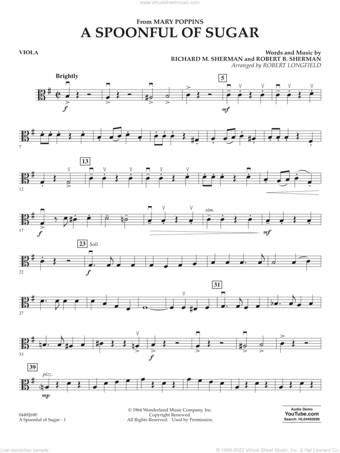 A Spoonful of Sugar (arr. Robert Longfield) sheet music for orchestra (viola) by Richard M. Sherman, Robert Longfield, Robert B. Sherman and Sherman Brothers, intermediate skill level