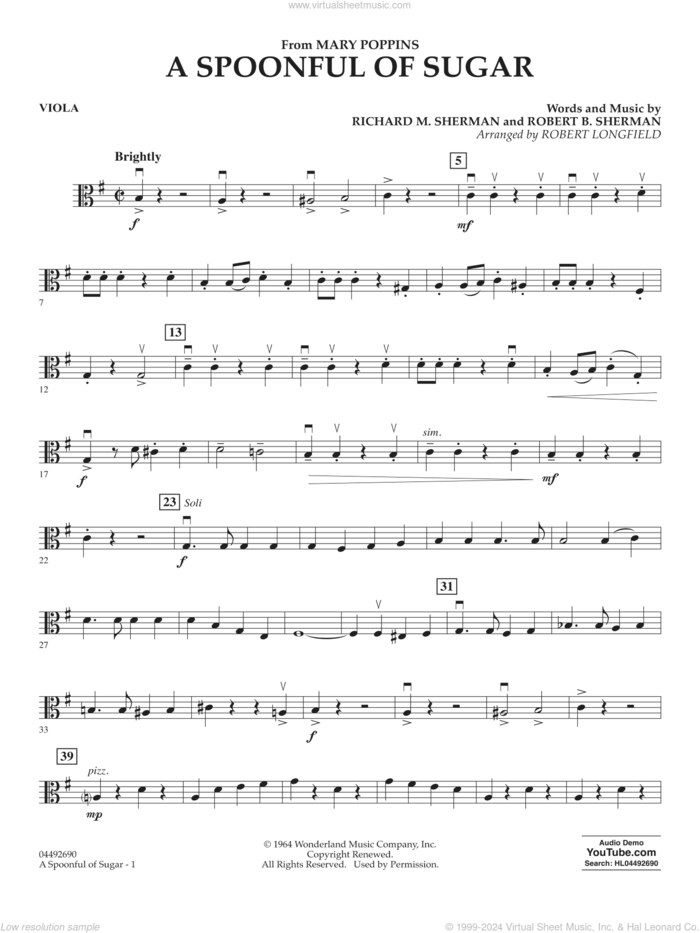 A Spoonful of Sugar (arr. Robert Longfield) sheet music for orchestra (viola) by Richard M. Sherman, Robert Longfield, Robert B. Sherman and Sherman Brothers, intermediate skill level