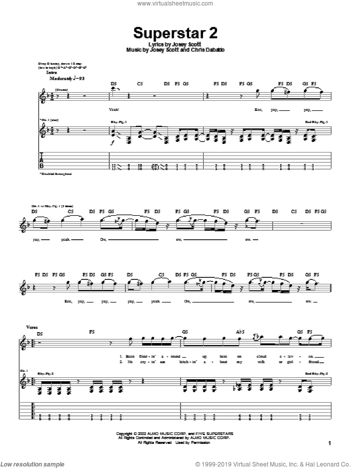 Superstar 2 sheet music for guitar (tablature) by Saliva, Chris Dabaldo and Josey Scott, intermediate skill level