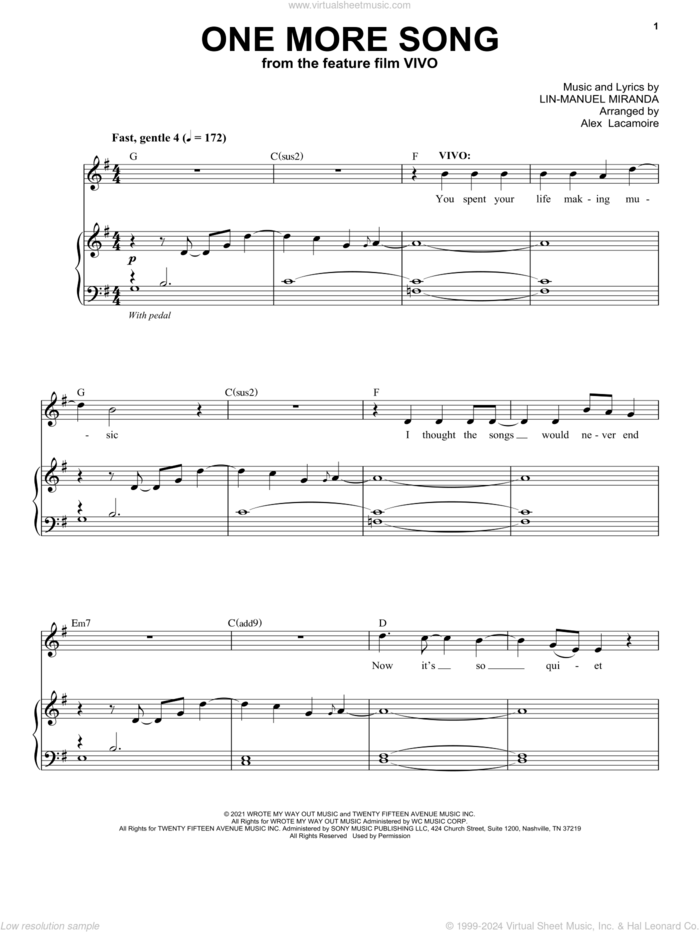 One More Song (from Vivo) sheet music for voice and piano by Lin-Manuel Miranda and Alex Lacamoire, intermediate skill level