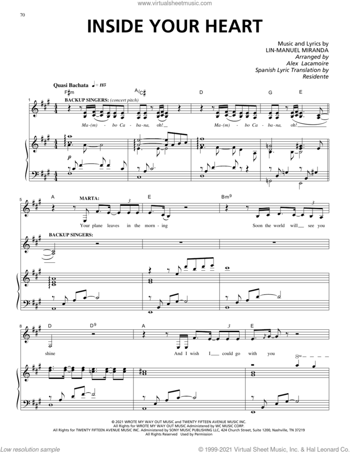 Inside Your Heart (from Vivo) sheet music for voice and piano by Lin-Manuel Miranda, Alex Lacamoire, Gloria Estefan and Residente, intermediate skill level
